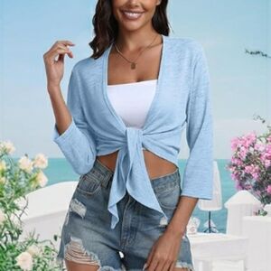 Tie Front Shrug 3/4 Sleeve Bolero Cardigan Casual Top Blue